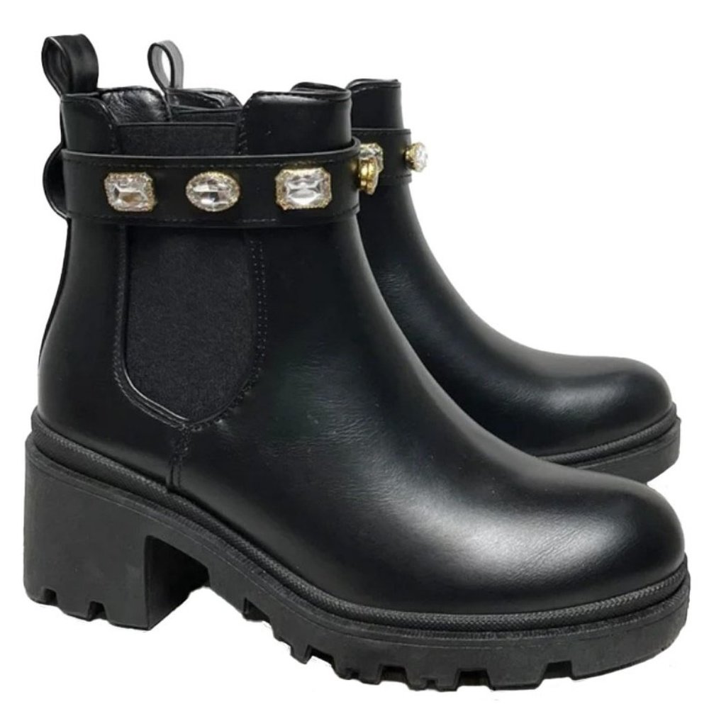 New Black Jewel Rhinestone Platform Chelsea Boots Ankle Booties